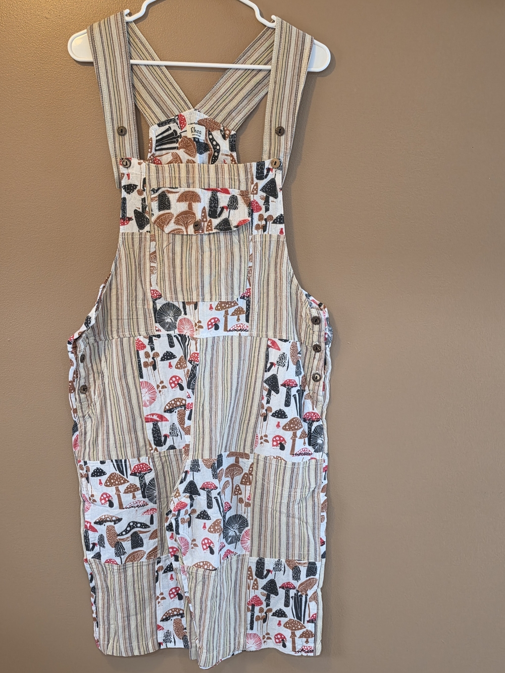 Rhea Costa Patchwork Mushroom Print Overall Shorts in Beige, Brown, Black, Red